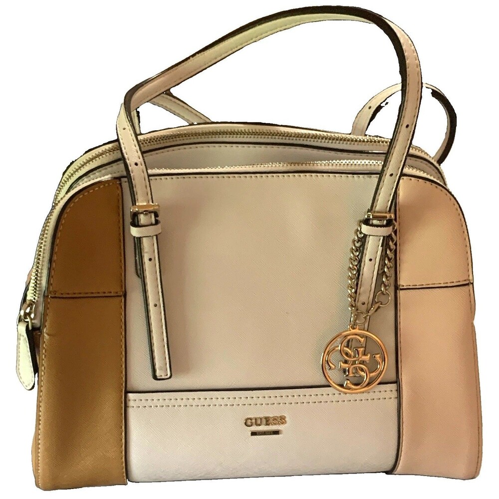 GUESS Colorblock Satchel Top Handle Bag White Tan Blush Zip Gold Logo Charm